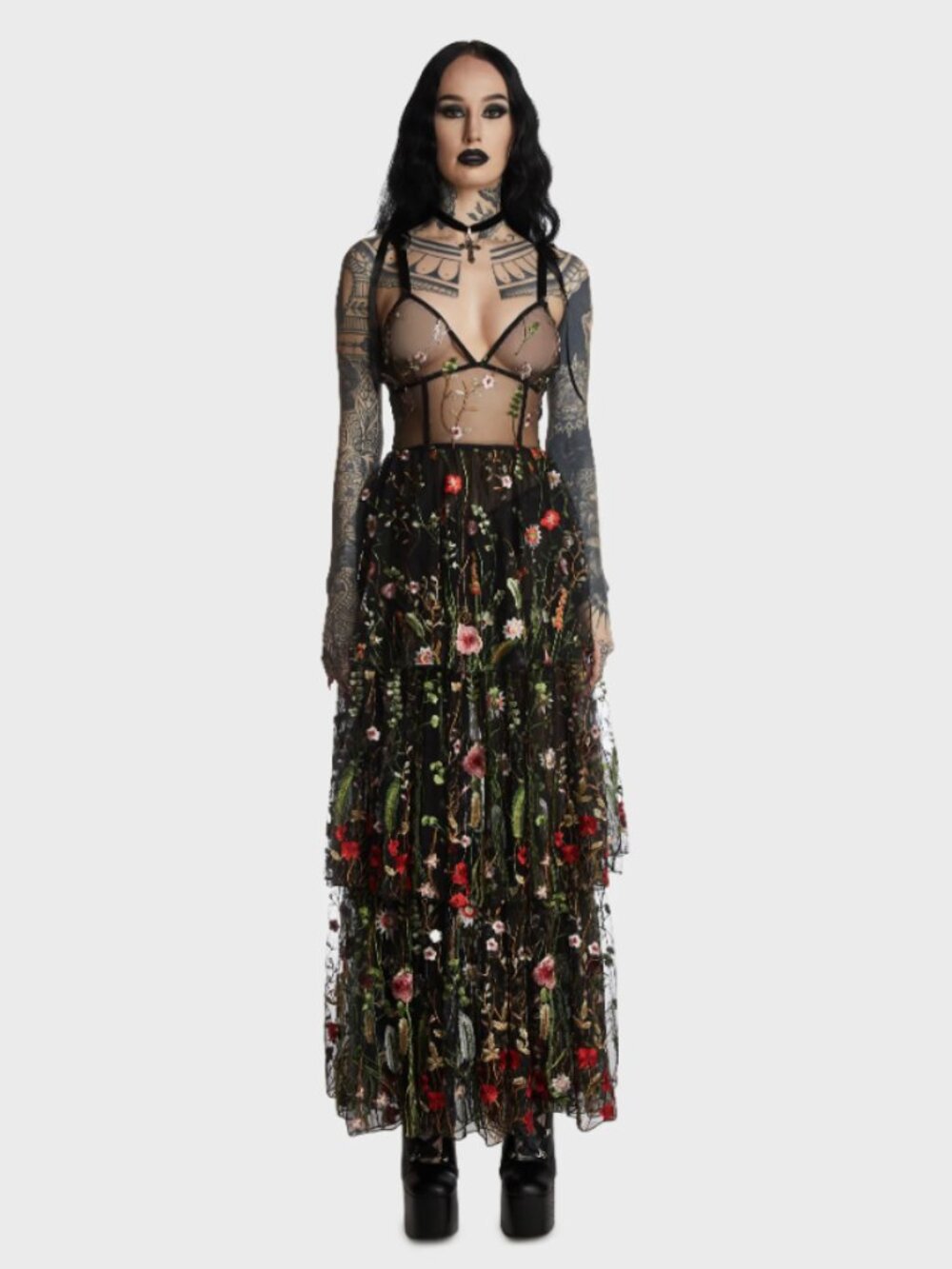 Dolls Kill Botanical Muse Maxi Dress NWT Embroidered Floral Fairy Goth Size S/M